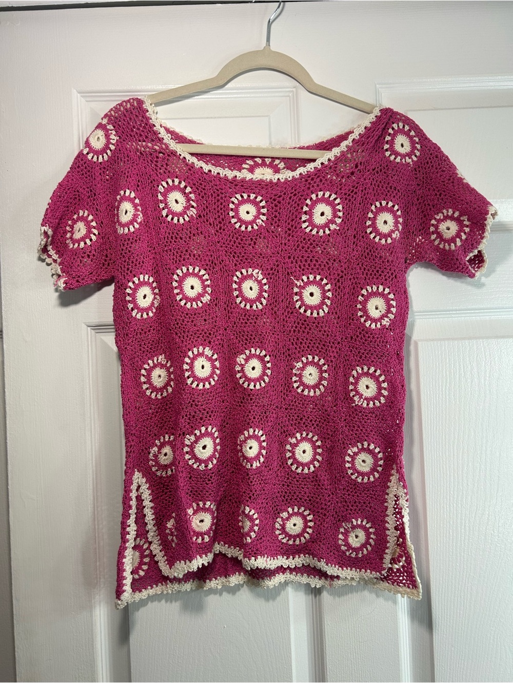 Women's Fuchsia Crochet Short-Sleeve Top with Cream Trim